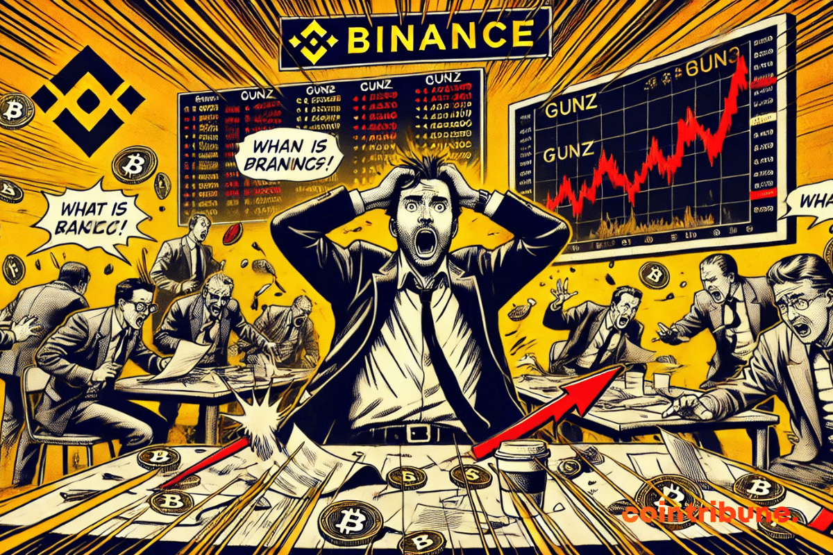 Sala de negociación abarrotada, ambiente caótico. Operador de criptomonedas con traje, manos en el pelo, ojos muy abiertos mirando la pantalla.