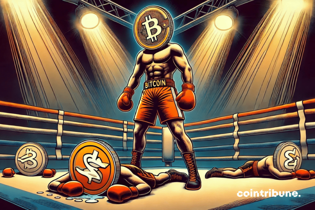 Bitcoin, personified as a muscular boxer with orange gloves, dominates a boxing ring. The altcoins are on the ground, knocked out.