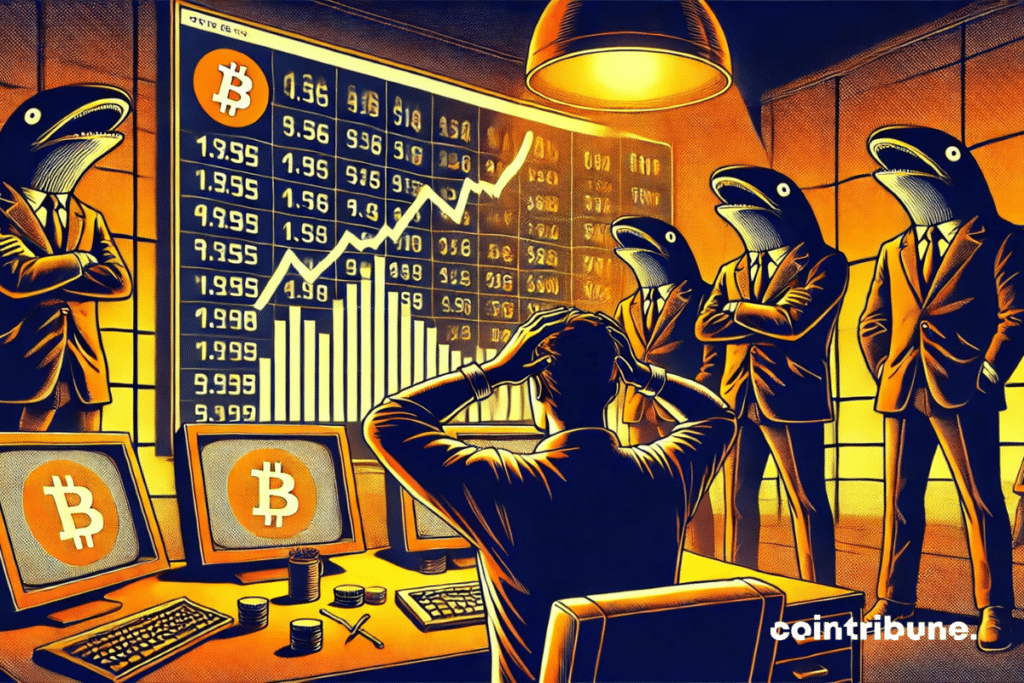 A frightened man in the foreground, watching the Bitcoin price, hands on his head. In the background, three massive humanoid whale-like figures, dressed in black suits, arms crossed, watching from the shadows.