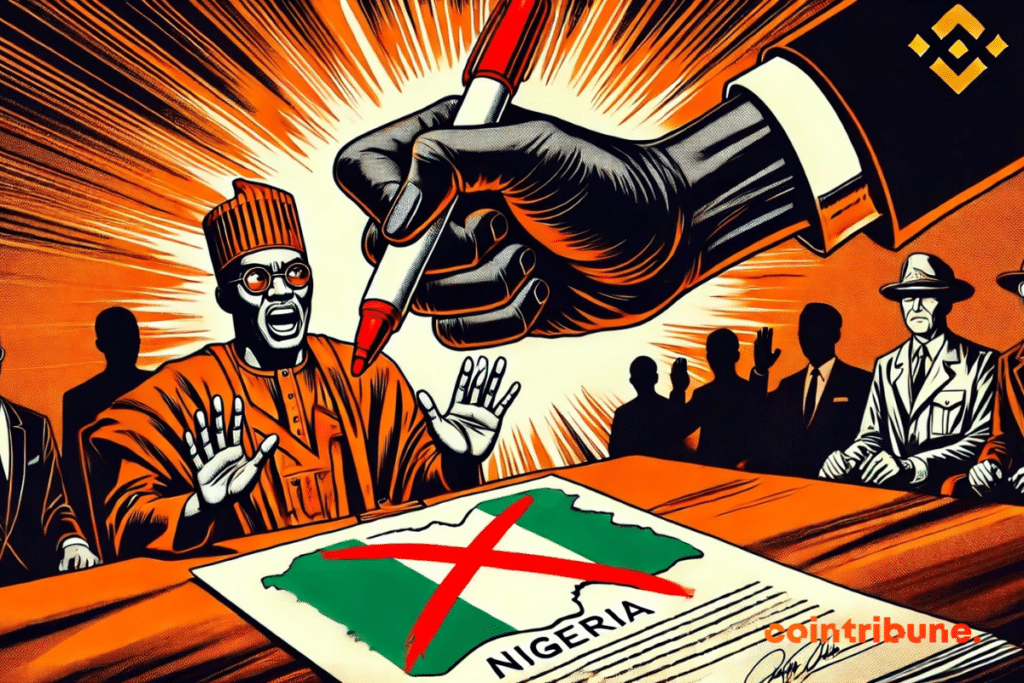 Una imponente mano que representa a la criptobolsa Binance sostiene un rotulador rojo y tacha la bandera nigeriana