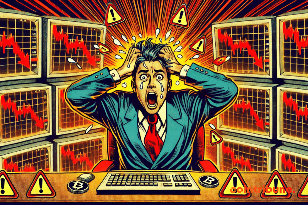 Un trader en panique devant ses écrans montrant l'effondrement des tokens crypto IA