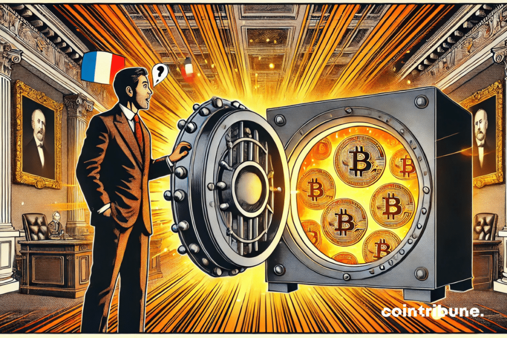 Un coffre-fort géant s’ouvre avec fracas, et à l’intérieur, au lieu de lingots, des tokens crypto orange lumineux. Un homme en complet formel (banquier), le visage mi-étonné mi-satisfait, regarde à l’intérieur.