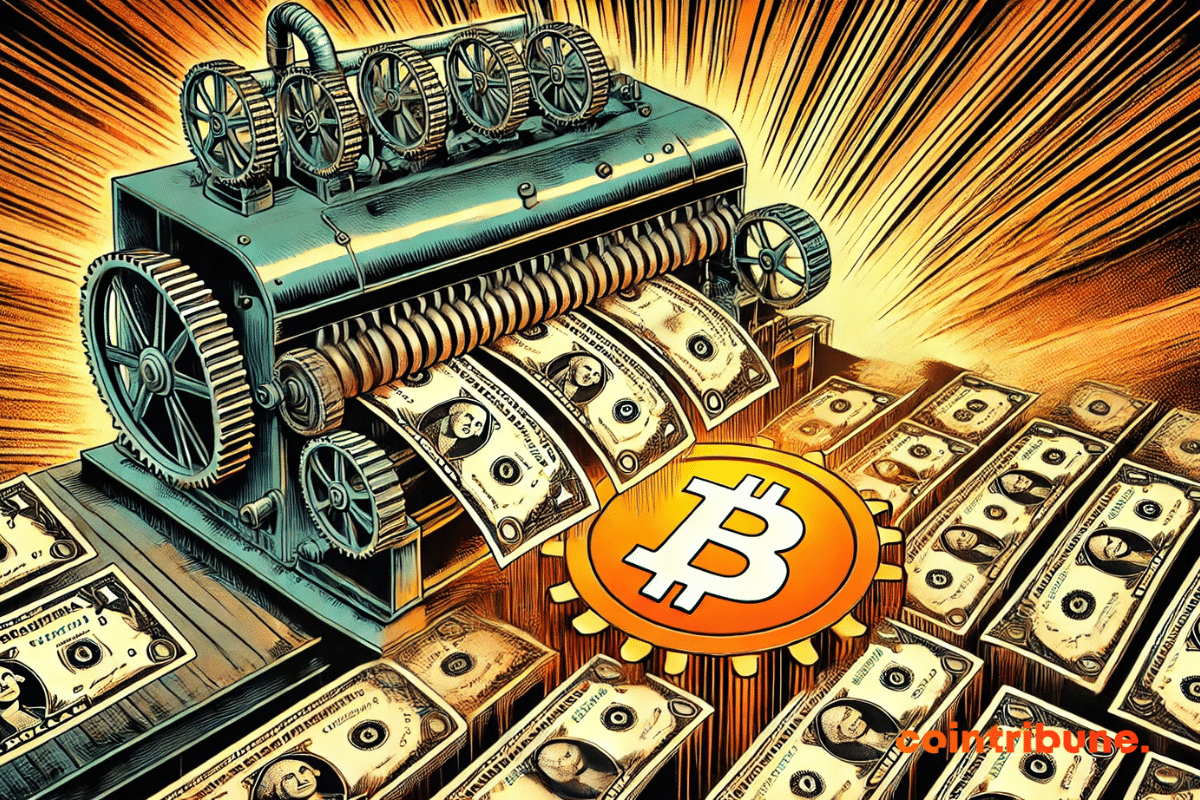 La máquina de imprimir dólares con un Bitcoin atrapado en los engranajes.