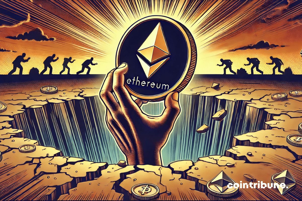 Una mano emerge de un abismo, sosteniendo una moneda Ethereum iluminada, mientras unas siluetas se alejan cautelosamente en el fondo.