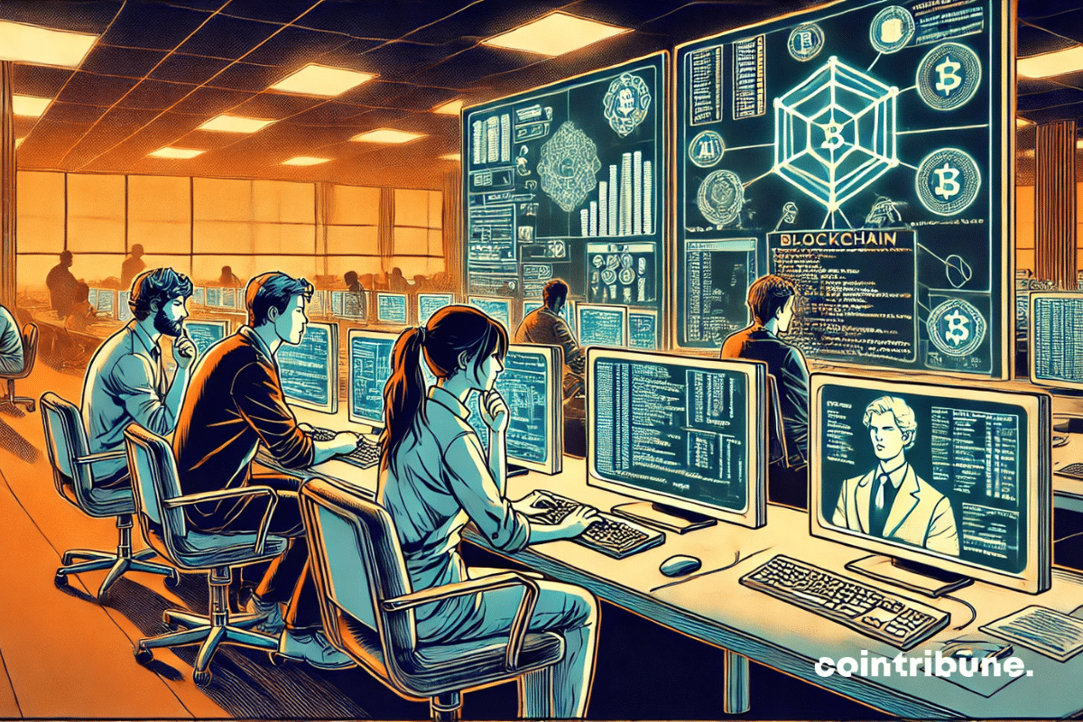 Espacio de alta tecnología con ordenadores e interfaces holográficas. Tres o cuatro desarrolladores concentrados, rodeados de diagramas de redes neuronales y blockchain.