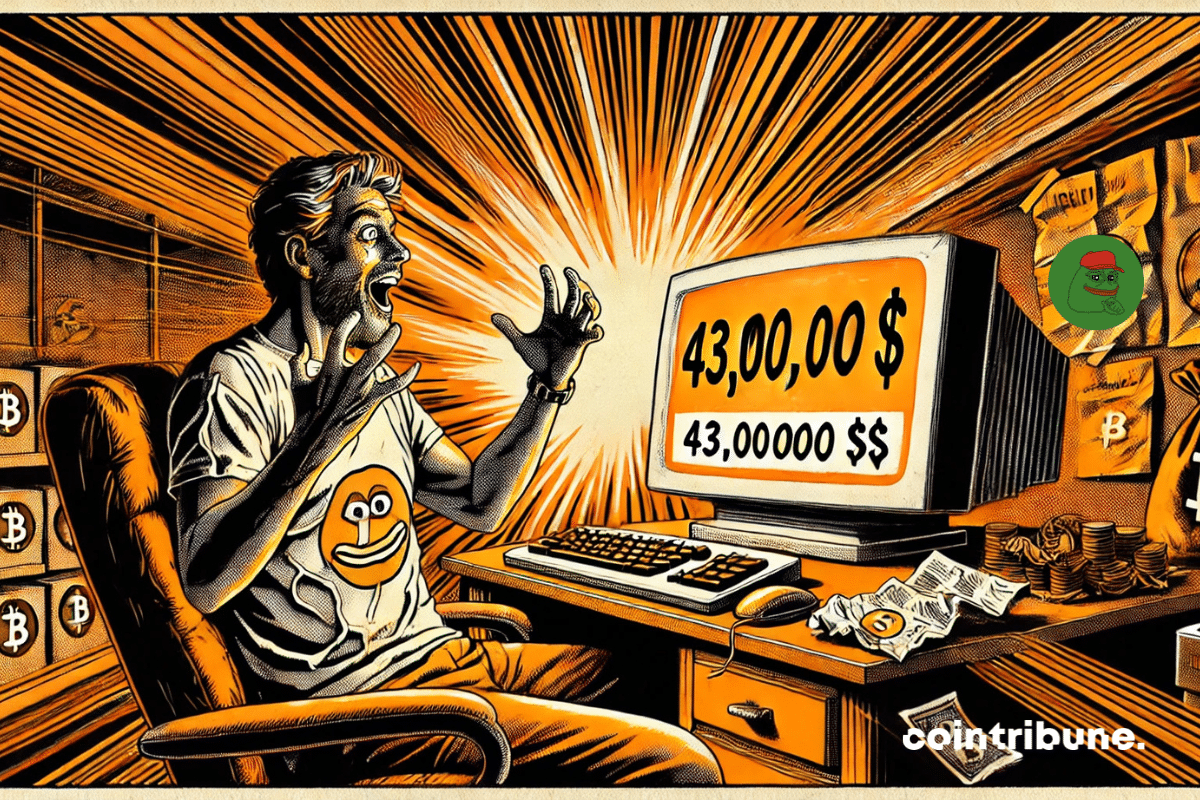 Intérieur d’une chambre modeste éclairée par l’écran d’un ordinateur, cadrage moyen avec effet "zoom dramatique". Trader crypto amateur en t-shirt froissé, les yeux écarquillés