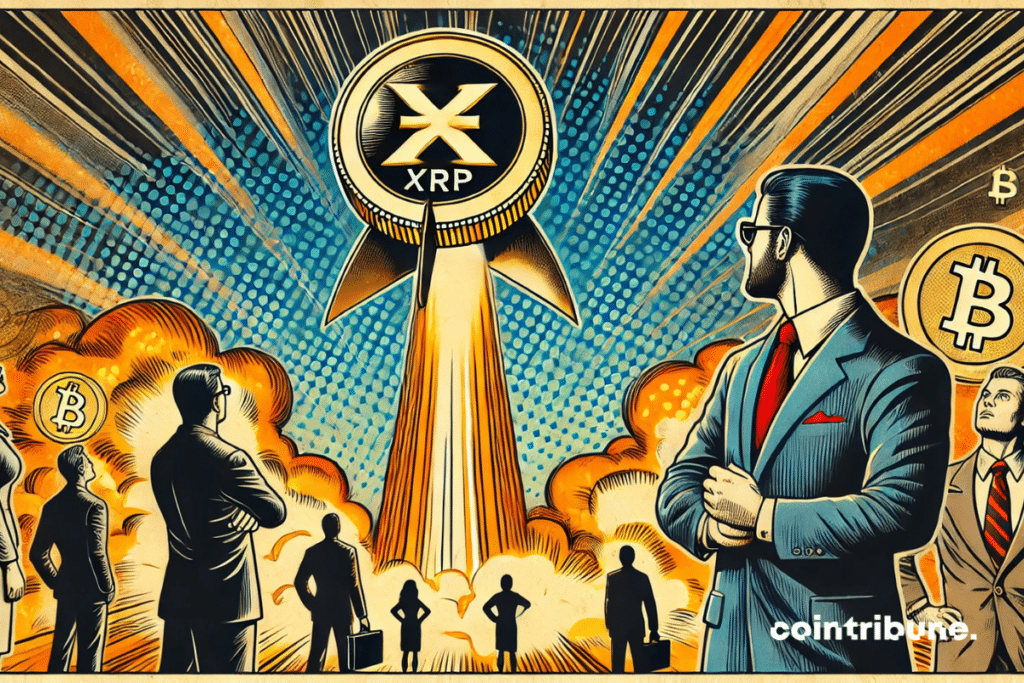A gigantic XRP part flies off like a rocket, leaving a luminous orange trail, while a businessman observes the scene with a mixture of wonder and skepticism.