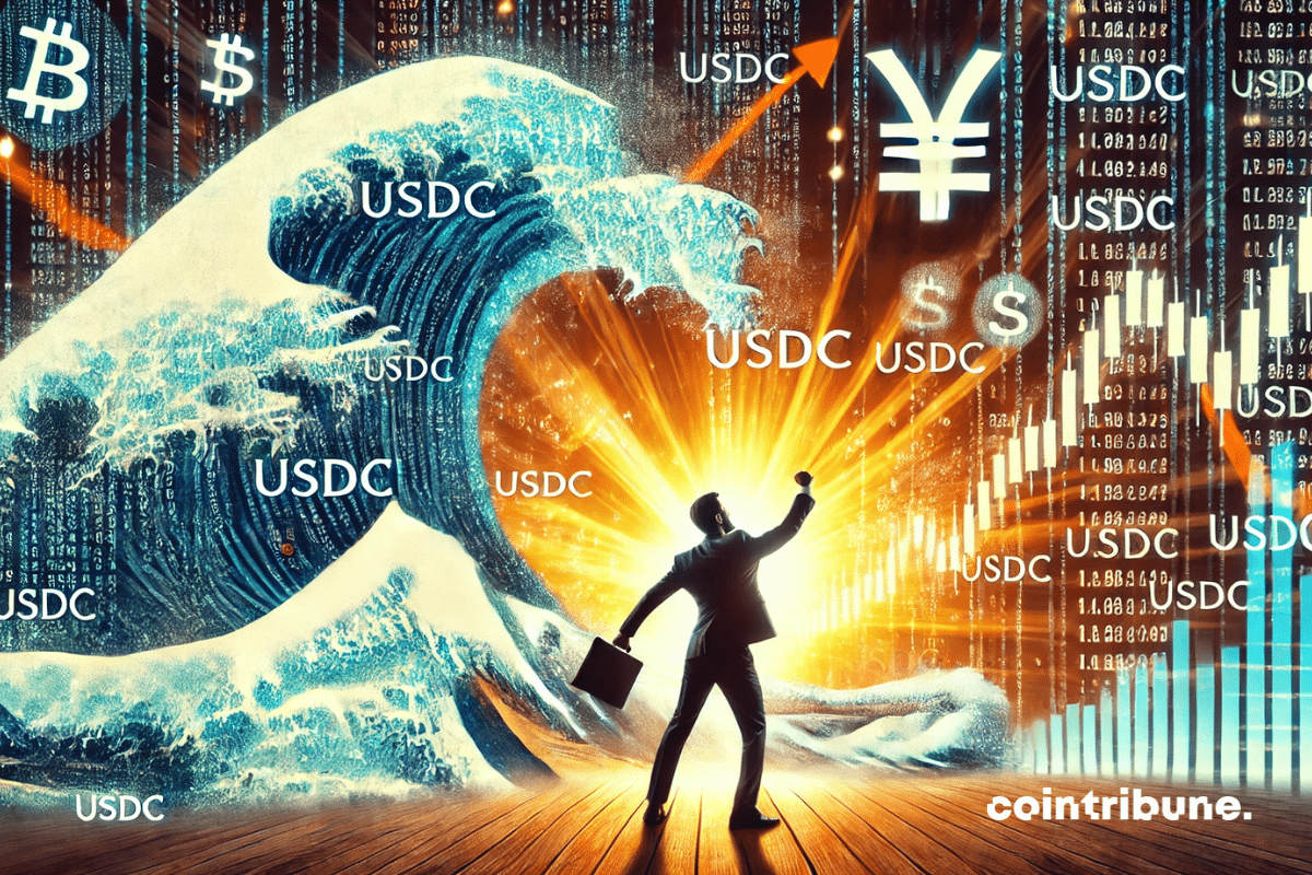 A huge digital wave, formed by lines of code and USDC symbols, breaks over the stage. An investor, arms raised, seems to be carried by this wave, illustrating the rise of stablecoin.
