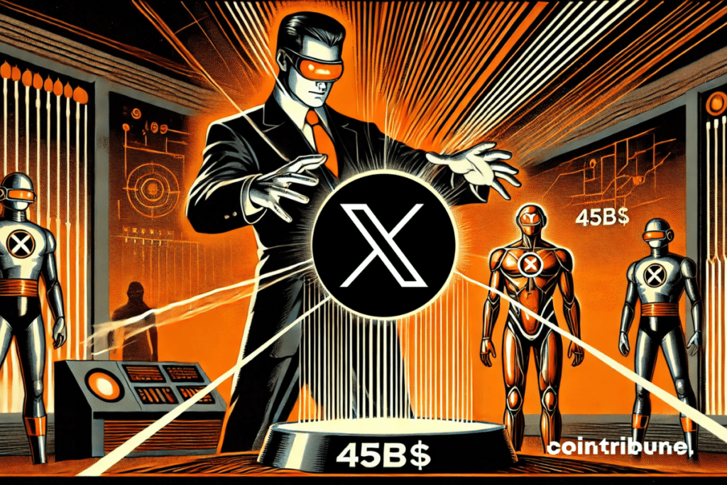 Elon Musk in a modernized black suit, standing with arms outstretched, transferring a luminous sphere (symbolizing “X”) to a giant humanoid robot.
