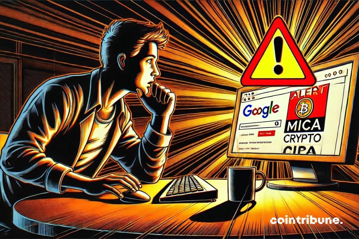 Um investidor de criptomoedas em frente a um anúncio de cripto no Google que exibe um alerta MiCA.