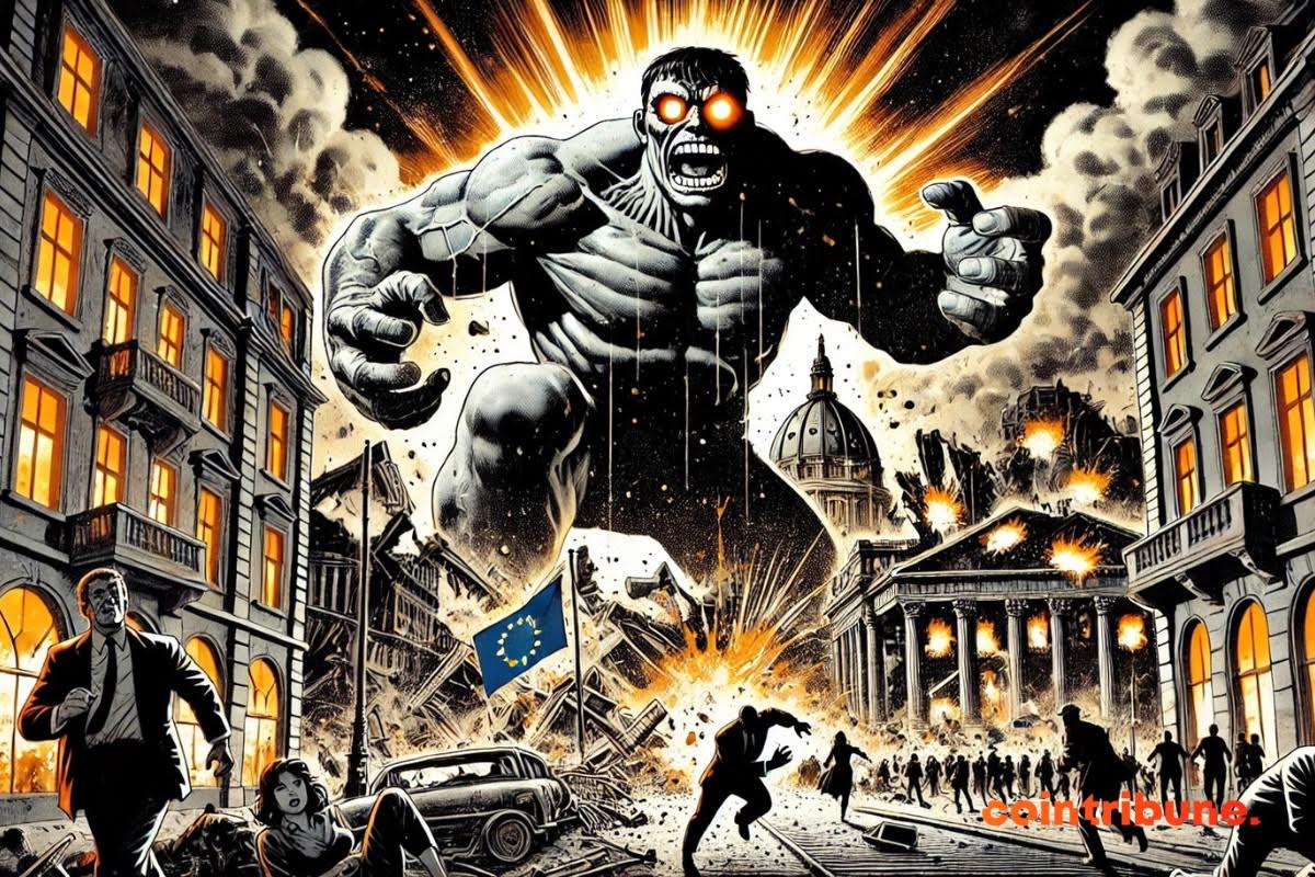 A colossus representing stablecoins destroys Europe.