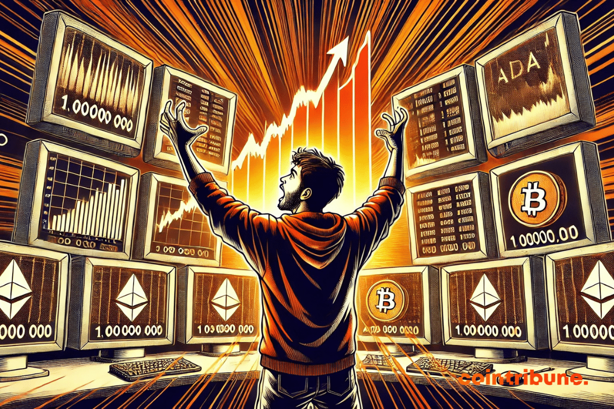 A young crypto trader in a hoodie, illuminated by the orange light of a screen displaying “1,000,000,000”.
