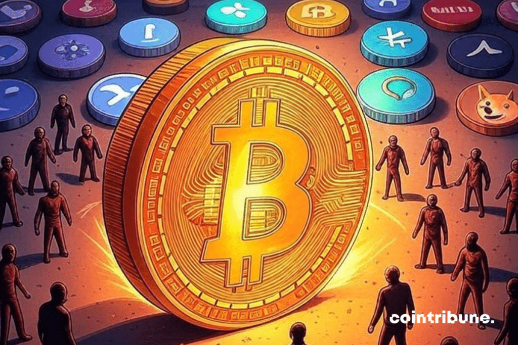 Moneda bitcoin gigante rodeada de particulares y altcoins en miniatura