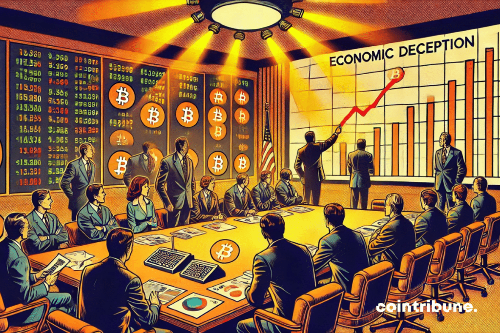 Sala de reuniones con economistas, gráficos y logotipos de bitcoin