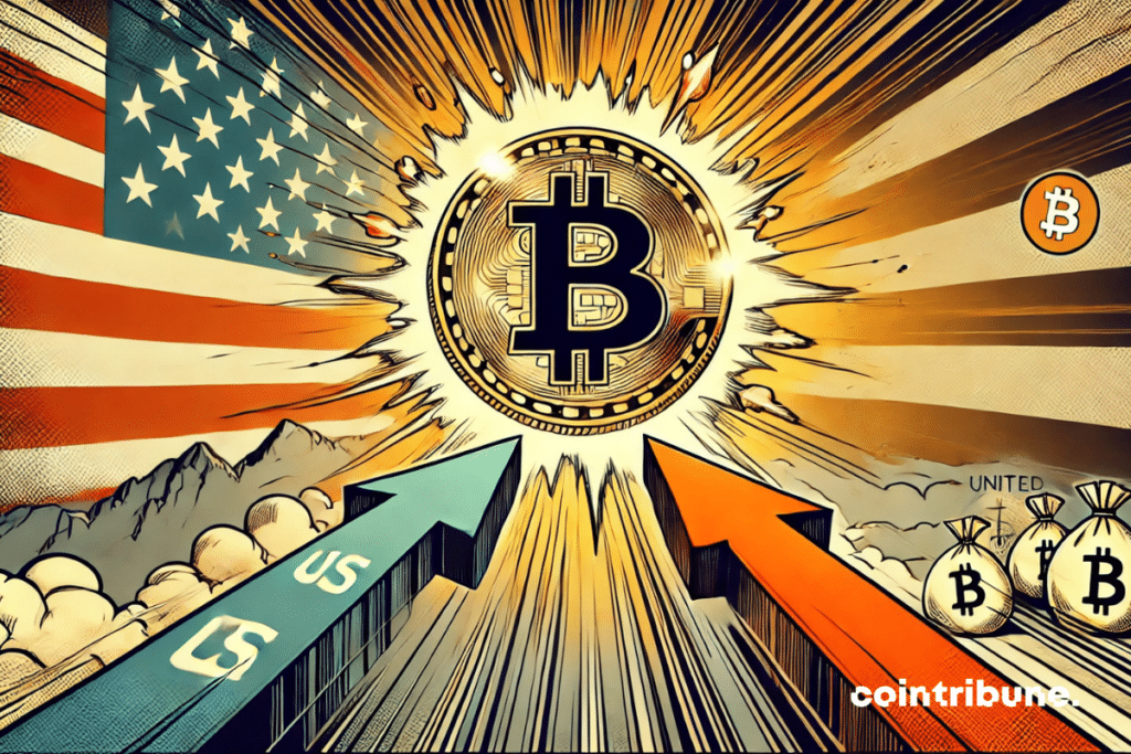 Vectores ascendentes Bitcoin con la bandera estadounidense de fondo