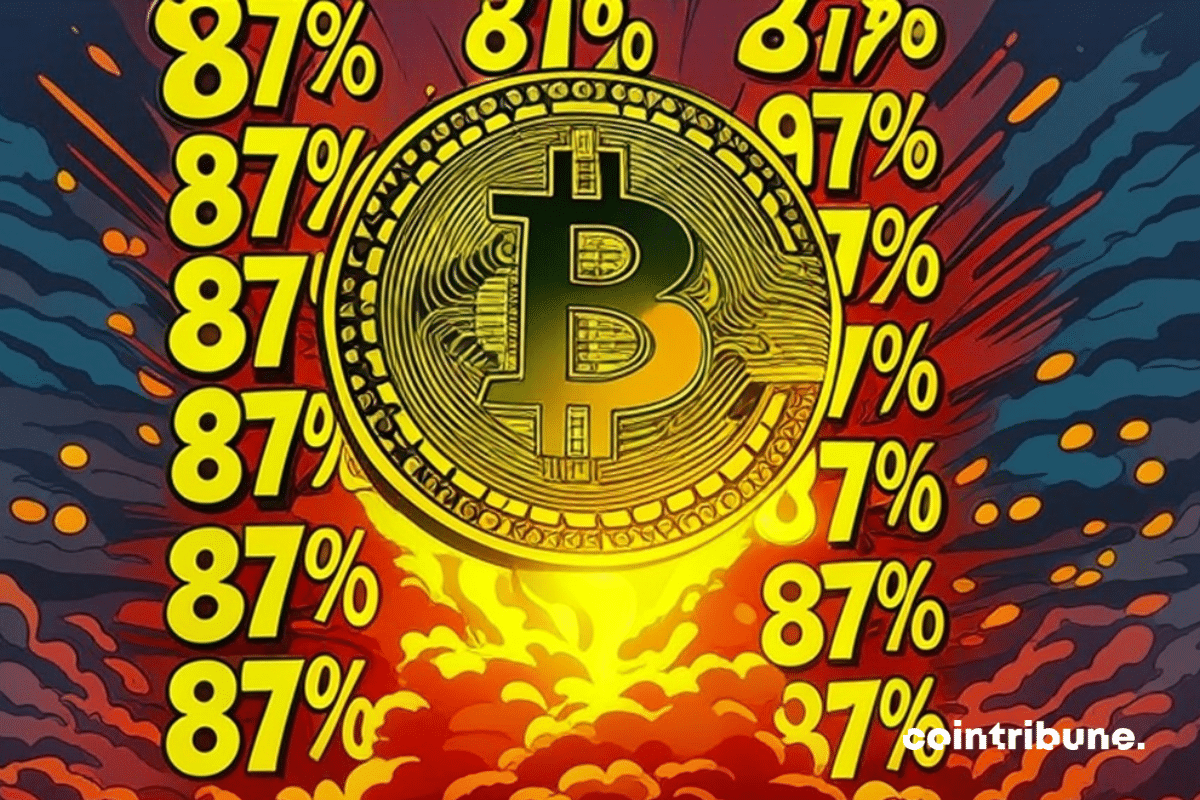 La moneda Bitcoin rodeada de cifras del 87
