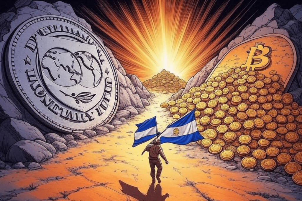 Personaje ondeando la bandera de El Salvador pasando una línea entre el logotipo del FMI y pilas de bitcoin.