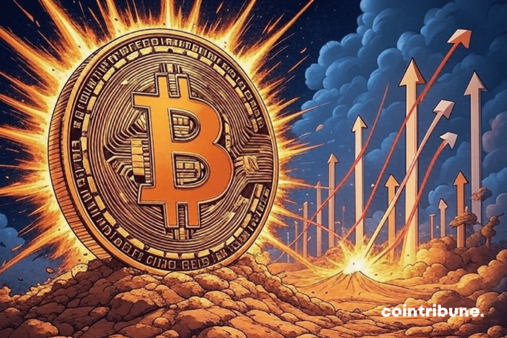 Moneda gigante de bitcoin rodeada de curvas que apuntan hacia arriba