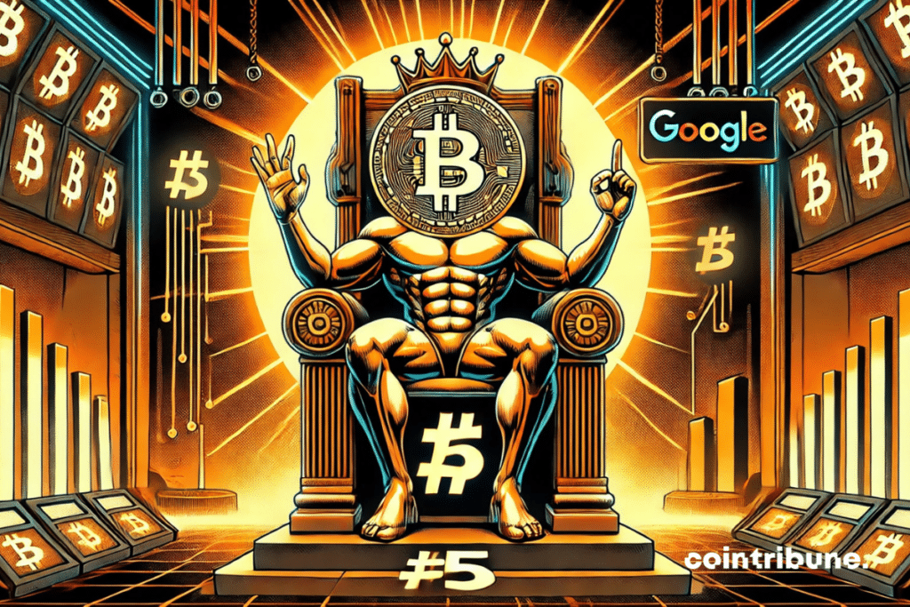 Bitcoin antropomórfico sentado em um trono