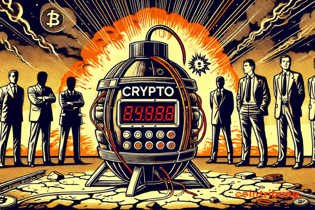 Ilustración de reguladores europeos vigilando una criptobomba