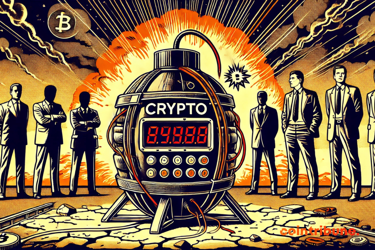 Ilustración de reguladores europeos vigilando una criptobomba
