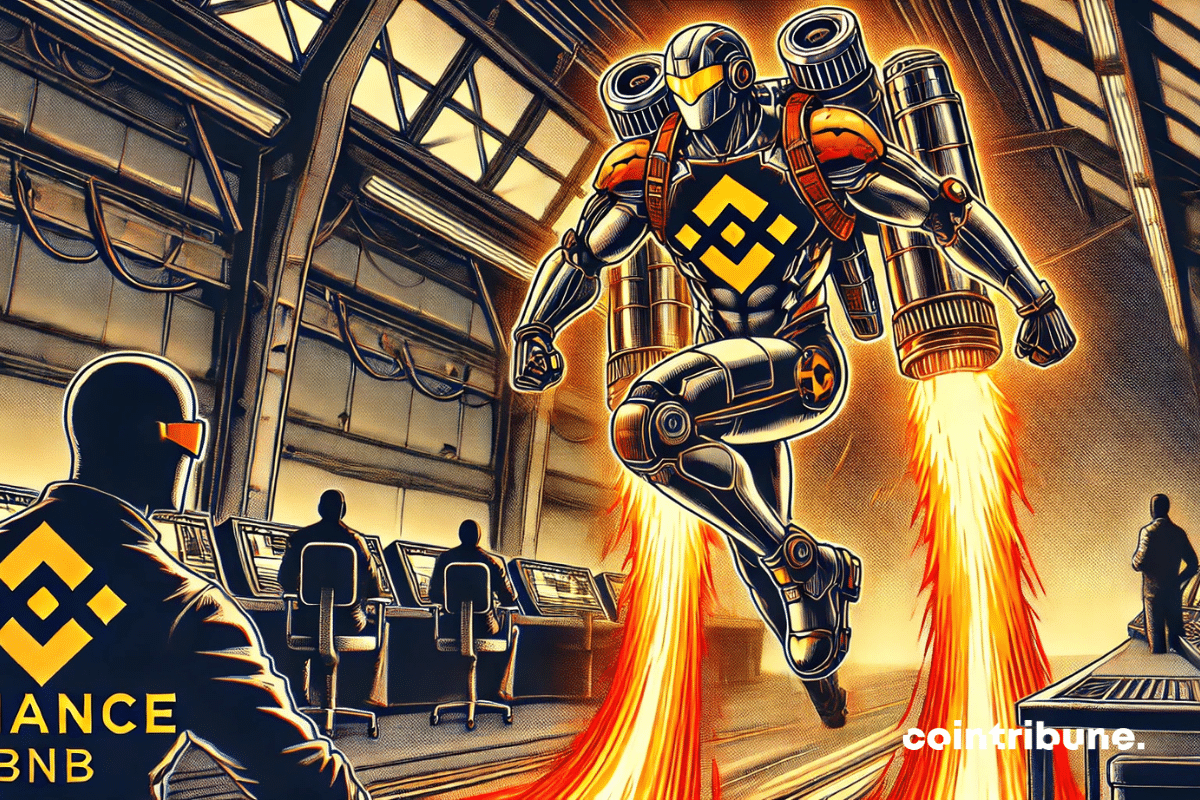 A humanoid robot bearing the BNB logo, in superhero armor, prepares to take off from a futuristic hangar.
