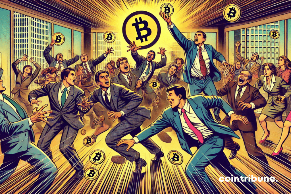 Ilustración de empresas que se apresuran por conseguir Bitcoin.