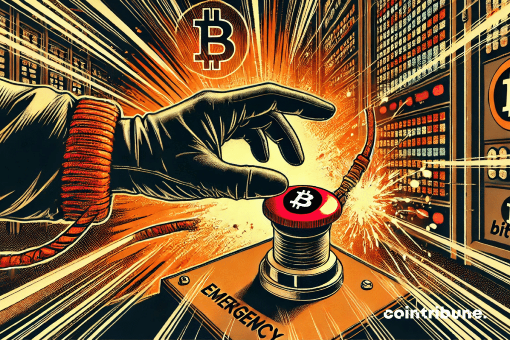 An anonymous hand presses the red button: the cable marked ₿ (Bitcoin) melts in a crackle of sparks.