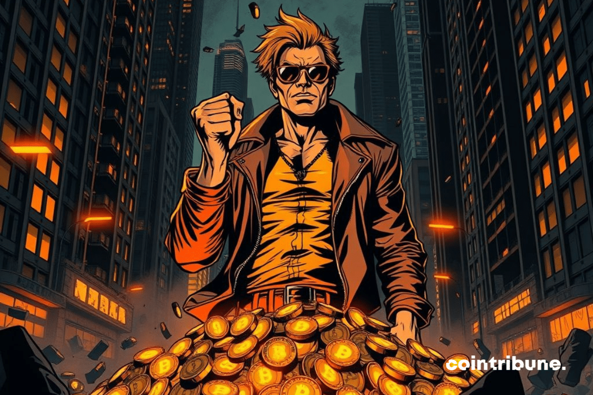 Ilustración de un hombre de pie, escudriñando la trayectoria del bitcoin mientras el dólar se desmorona a sus pies.