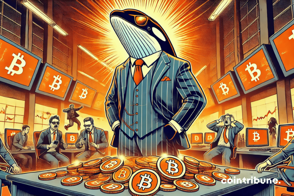 Ilustração da tensão e do contraste entre o poder calmo da baleia do bitcoin e o pânico dos pequenos detentores.