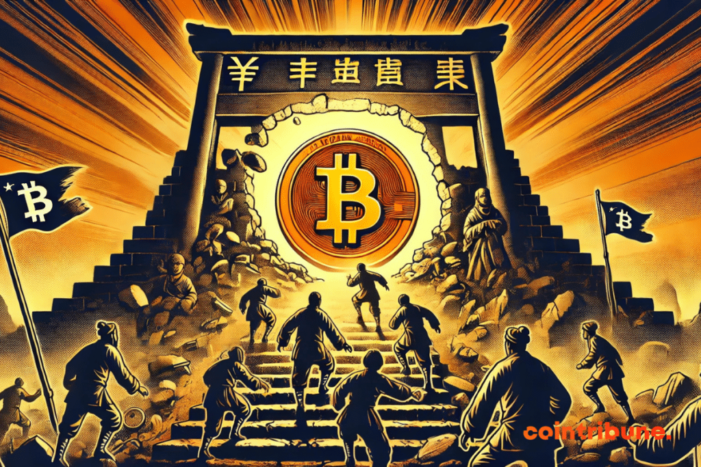 Ilustración de bitcoin y siluetas de ciudadanos chinos subiendo una escalera en ruinas.