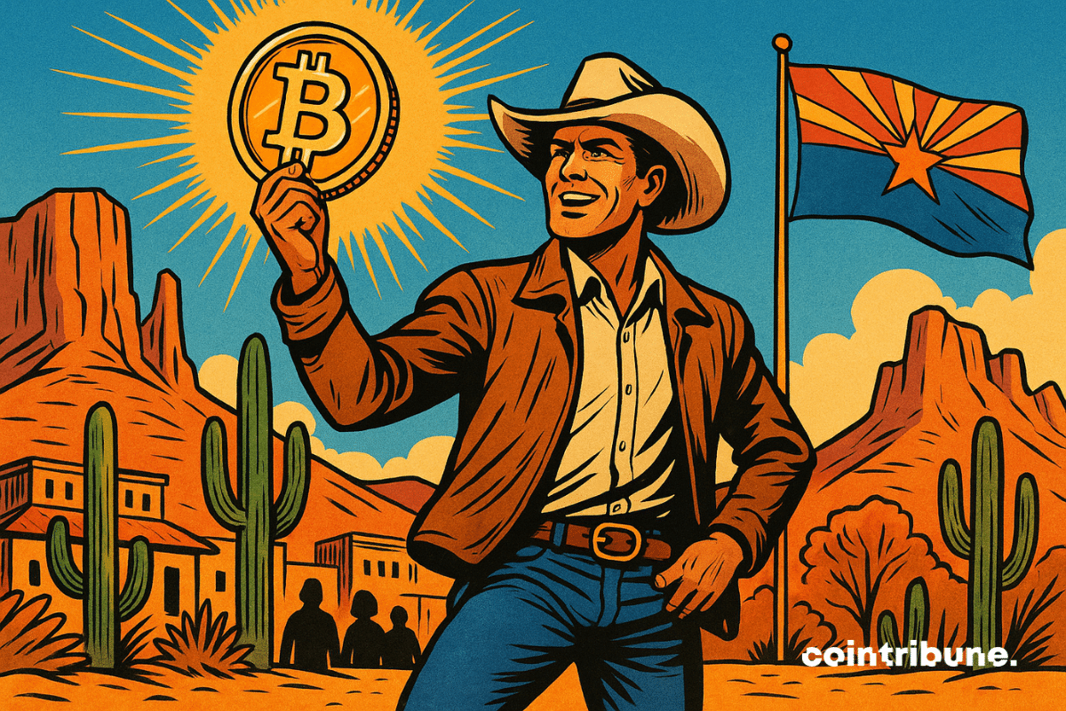 Un vaquero sostiene con orgullo un Bitcoin incandescente en un entorno desértico, con cactus, montañas rojas y la bandera de Arizona de fondo.