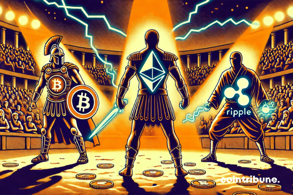 Três avatares icônicos do Bitcoin, Ethereum e Ripple se enfrentam em uma arena.