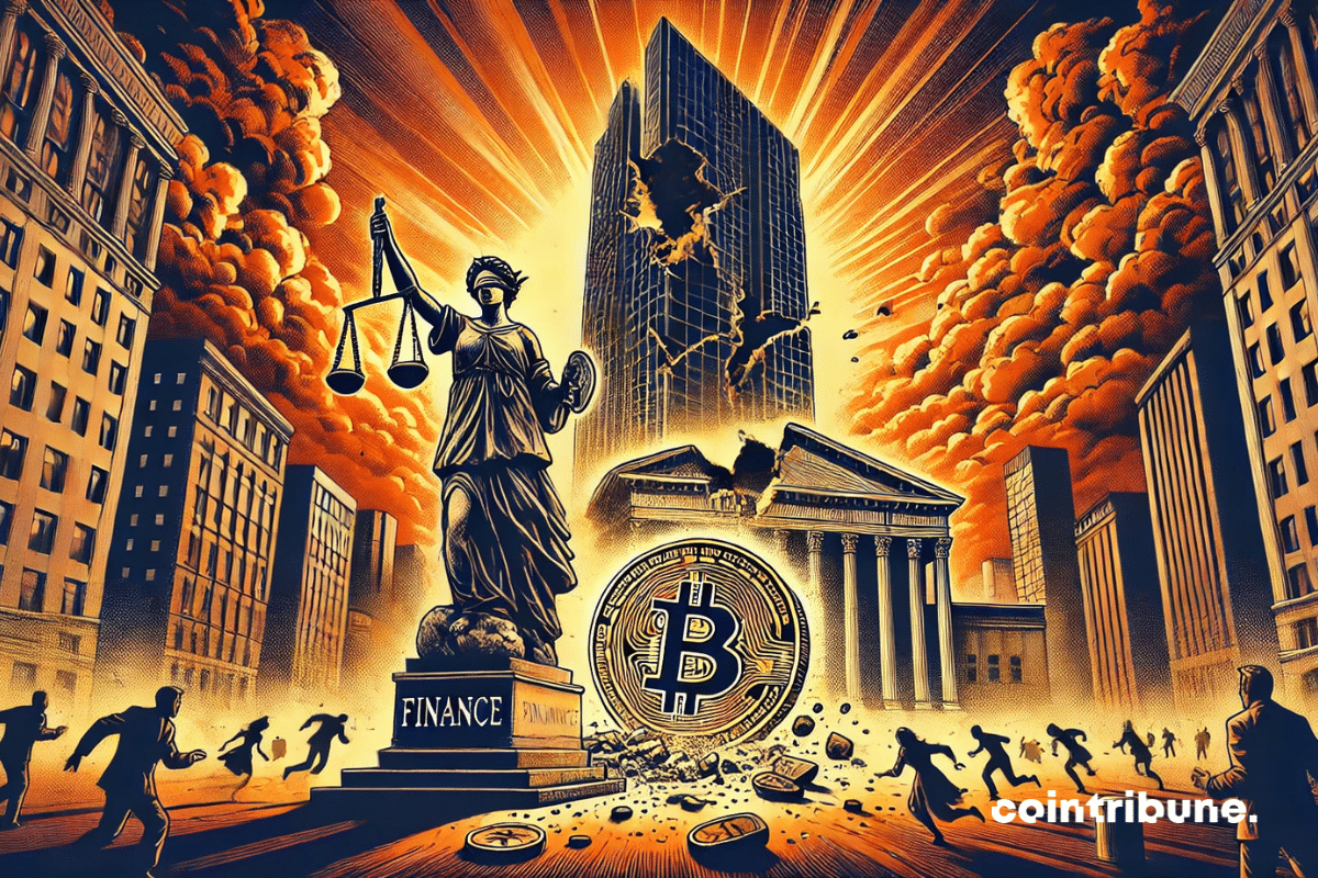 Ilustração dramática mostrando o colapso apocalíptico de um banco central, atingido por um Bitcoin gigante sob um céu em chamas