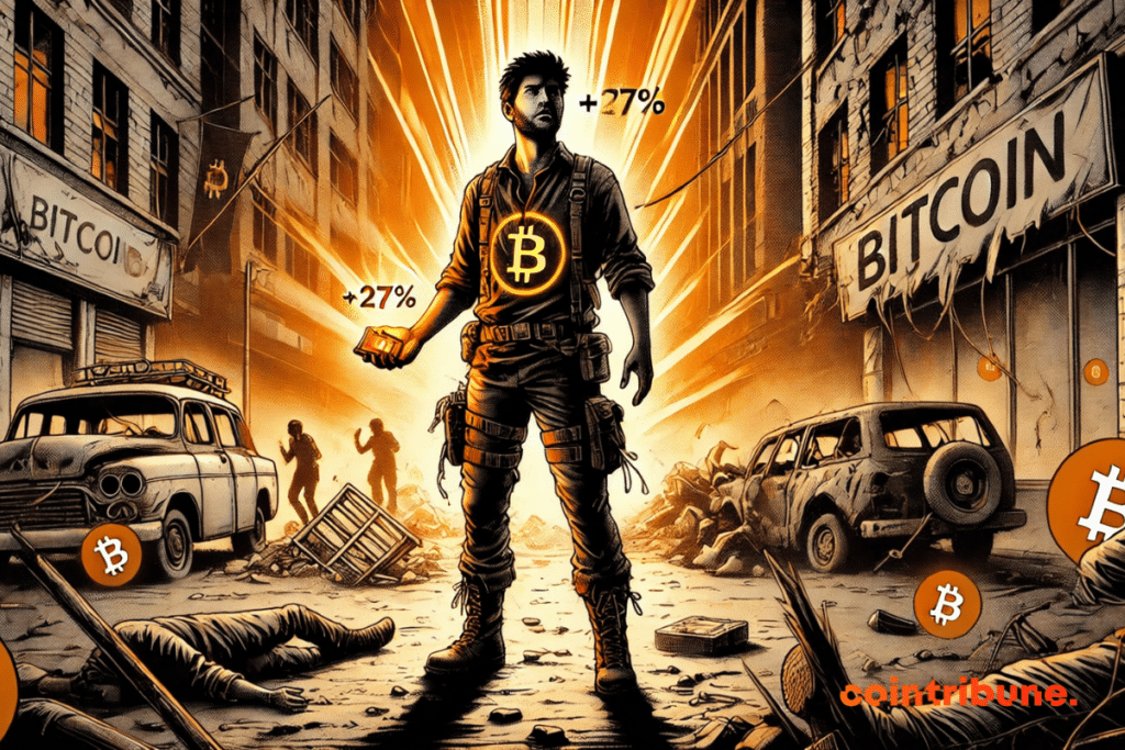 Un único superviviente se encuentra en las ruinas de una ciudad derrumbada, blandiendo una cartera Bitcoin que muestra +27%.