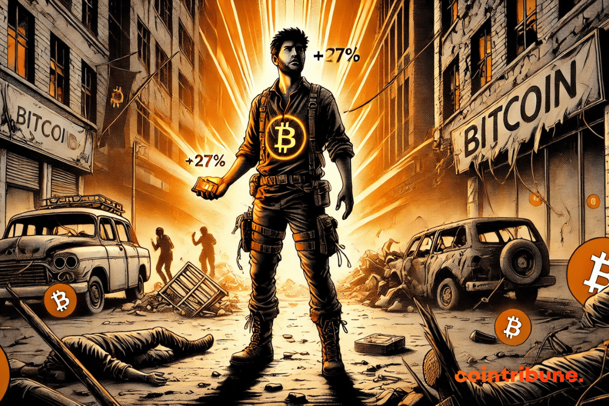 Um sobrevivente solitário está nas ruínas de uma cidade em colapso, brandindo uma carteira de Bitcoin que mostra +27%.