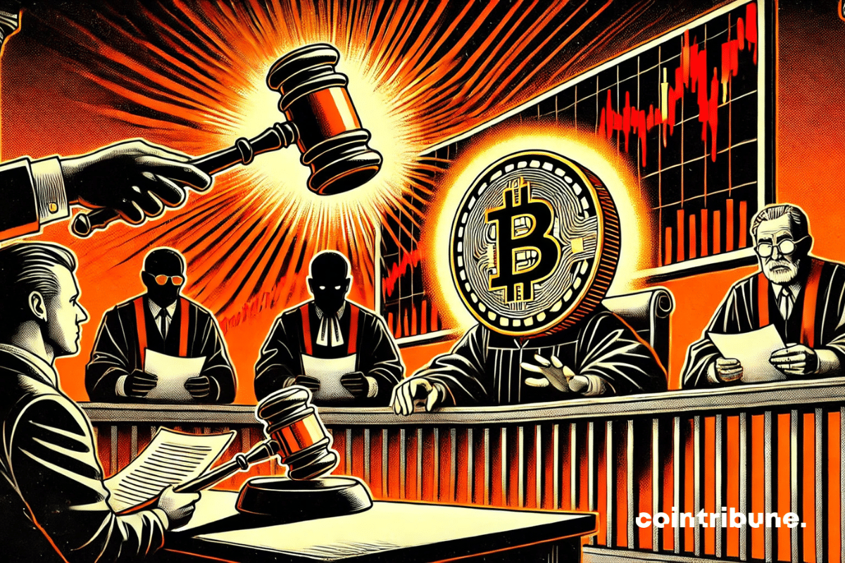 An anthropomorphic bitcoin sits in the dock, visibly overwhelmed.