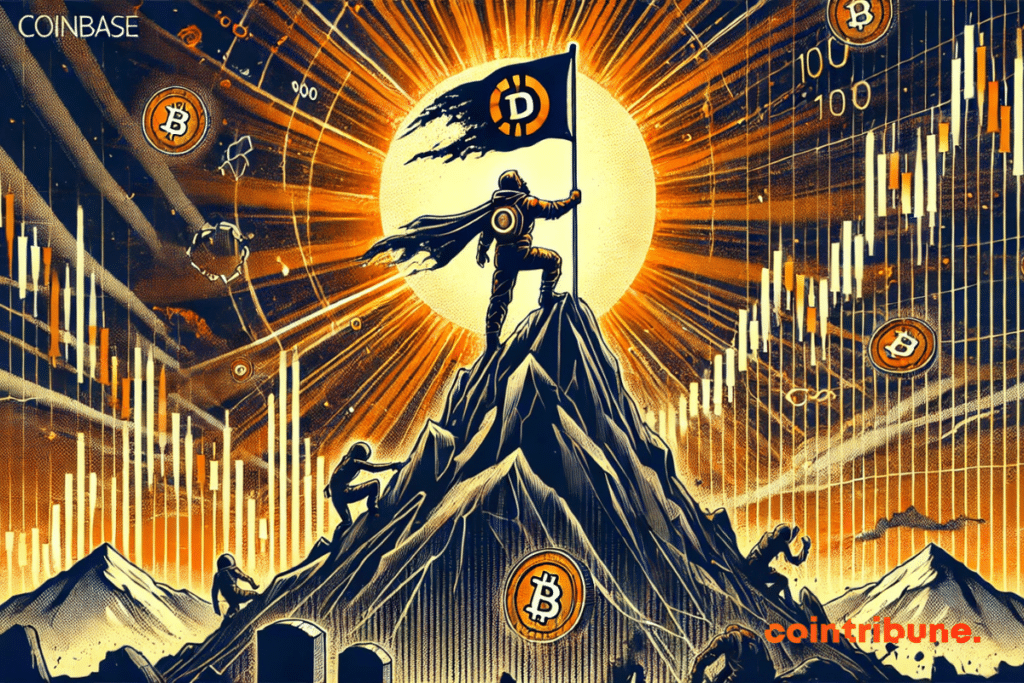 Un héroe estilizado encarna a Coinbase escalando una cima de gráficos cripto rotos, enarbolando una bandera con el número "100".