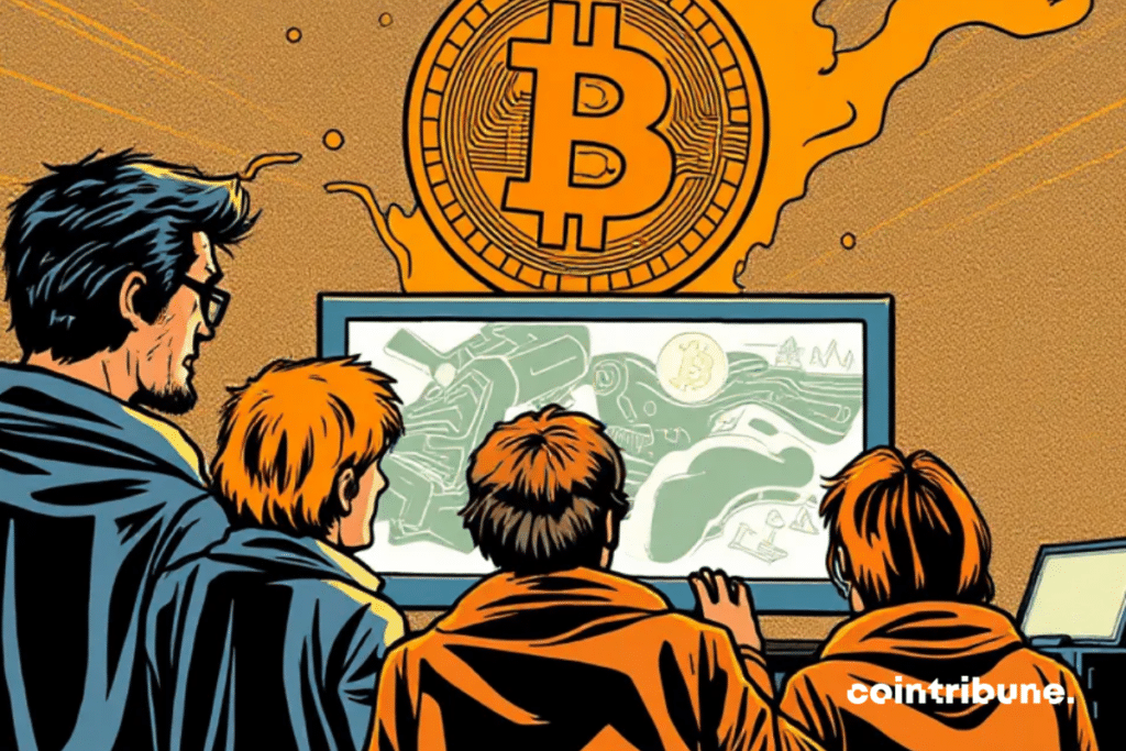 La imagen muestra tres figuras delante de una pantalla de ordenador en la que aparece un gran logotipo de Bitcoin iluminado.