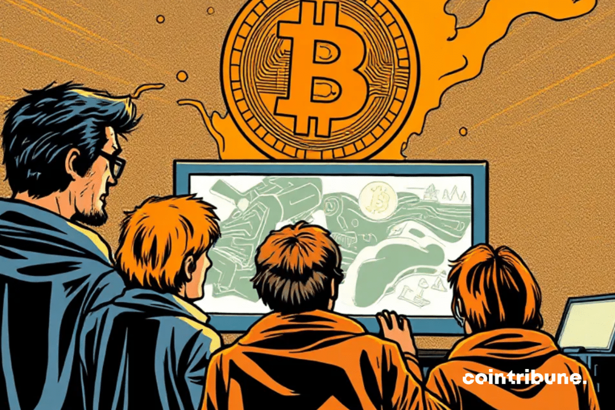 La imagen muestra tres figuras delante de una pantalla de ordenador en la que aparece un gran logotipo de Bitcoin iluminado.