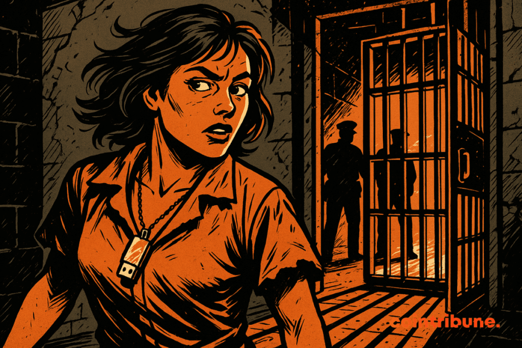 Ilustração de uma mulher vestida de prisão laranja, com um pendrive com criptografia pendurado no pescoço, escapando de uma cela iluminada em laranja sob o olhar de guardas sombrios.