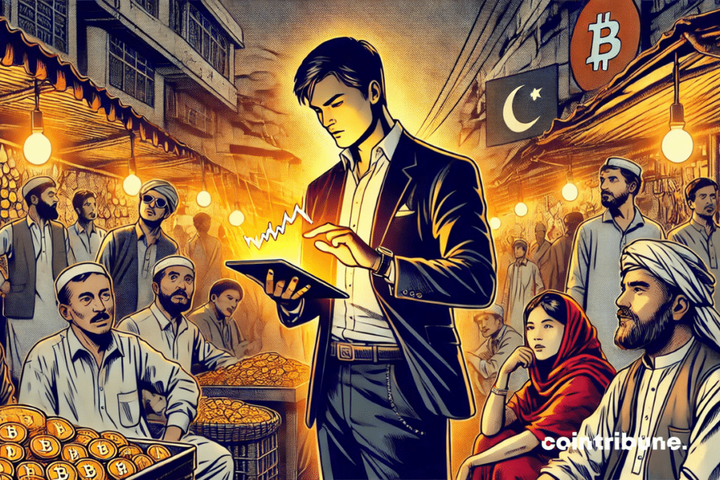 Ilustración de un experto en criptomonedas en el centro de un bullicioso mercado pakistaní.