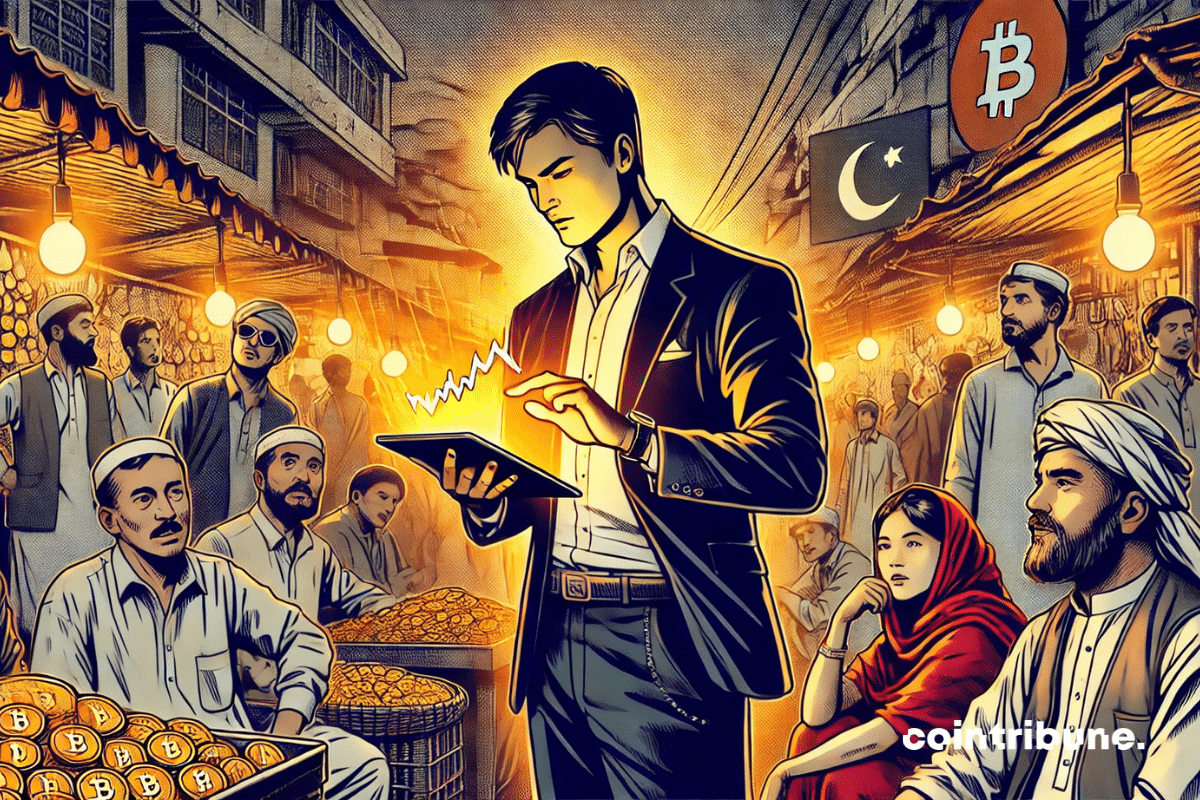 Ilustración de un experto en criptomonedas en el centro de un bullicioso mercado pakistaní.