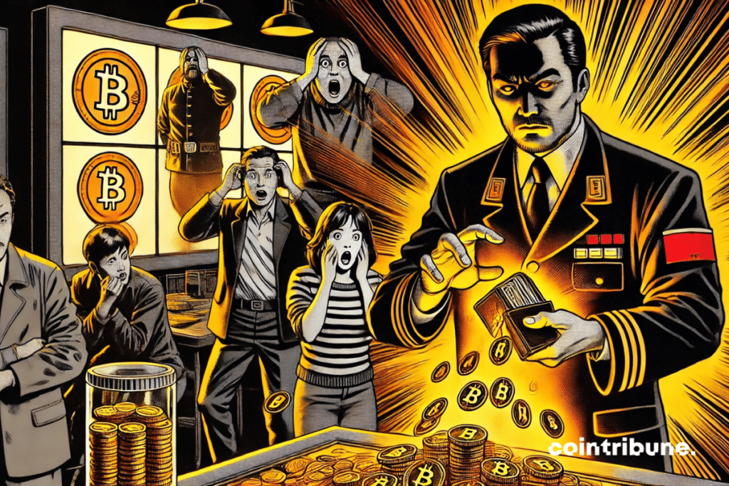 Illustration mettant en avant la Chine qui vend secrètement ses cryptos, avec des traders étonnés par la transaction.