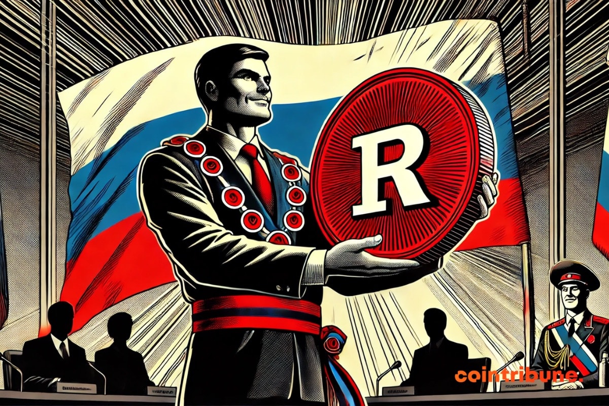 A Russian official presenting a Russian Stablecoin with R written on it.