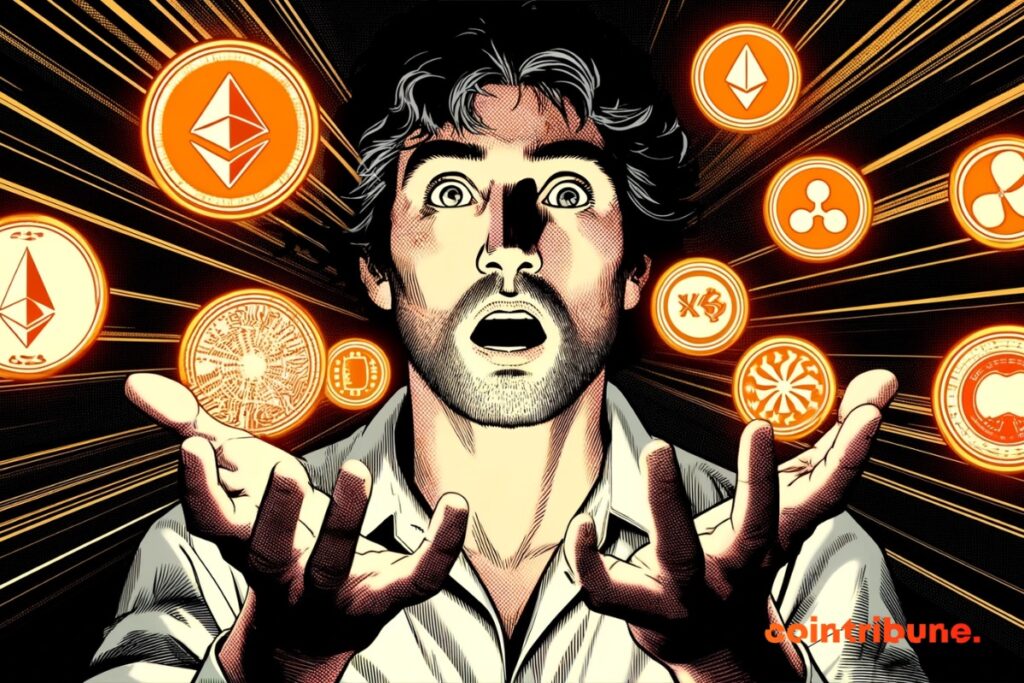 Um investidor chocado com Altcoins na mão.