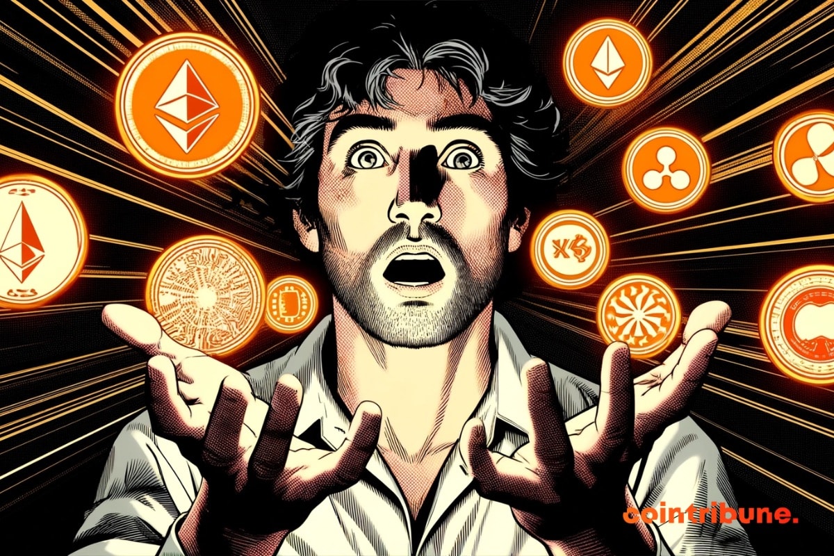 Um investidor chocado com Altcoins na mão.