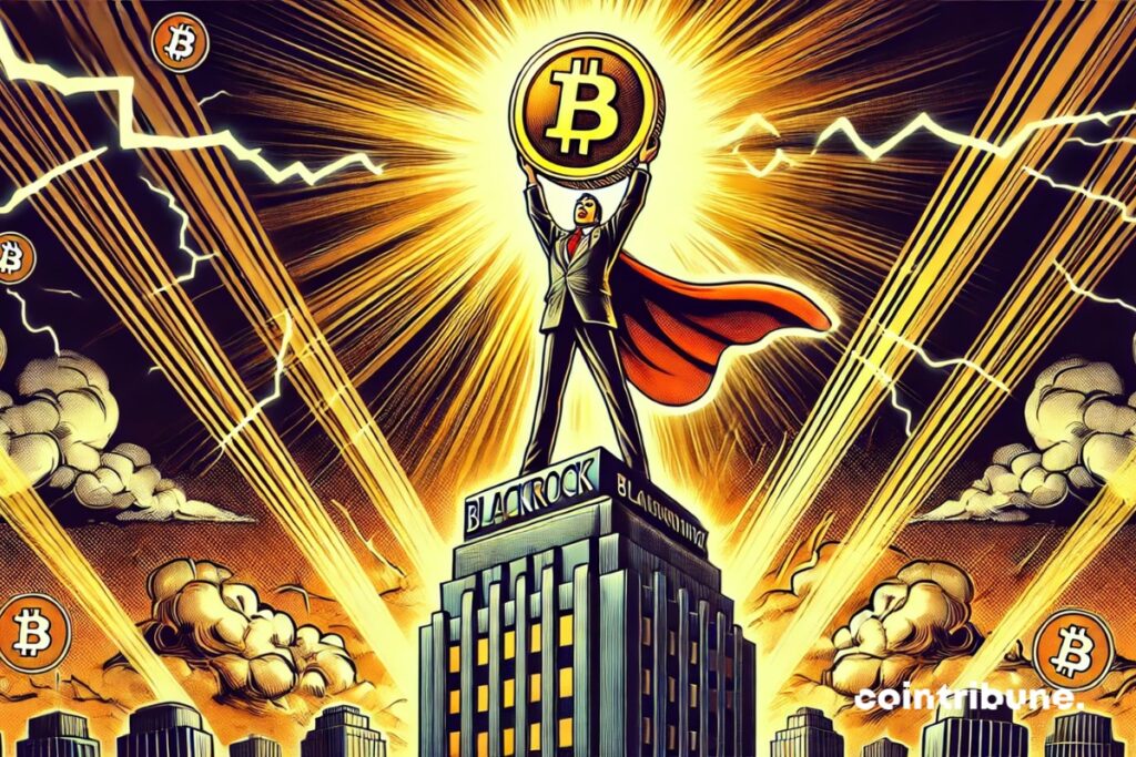 Michael Saylor en lo alto de la torre BlackRock con un bitcoin resplandeciente.