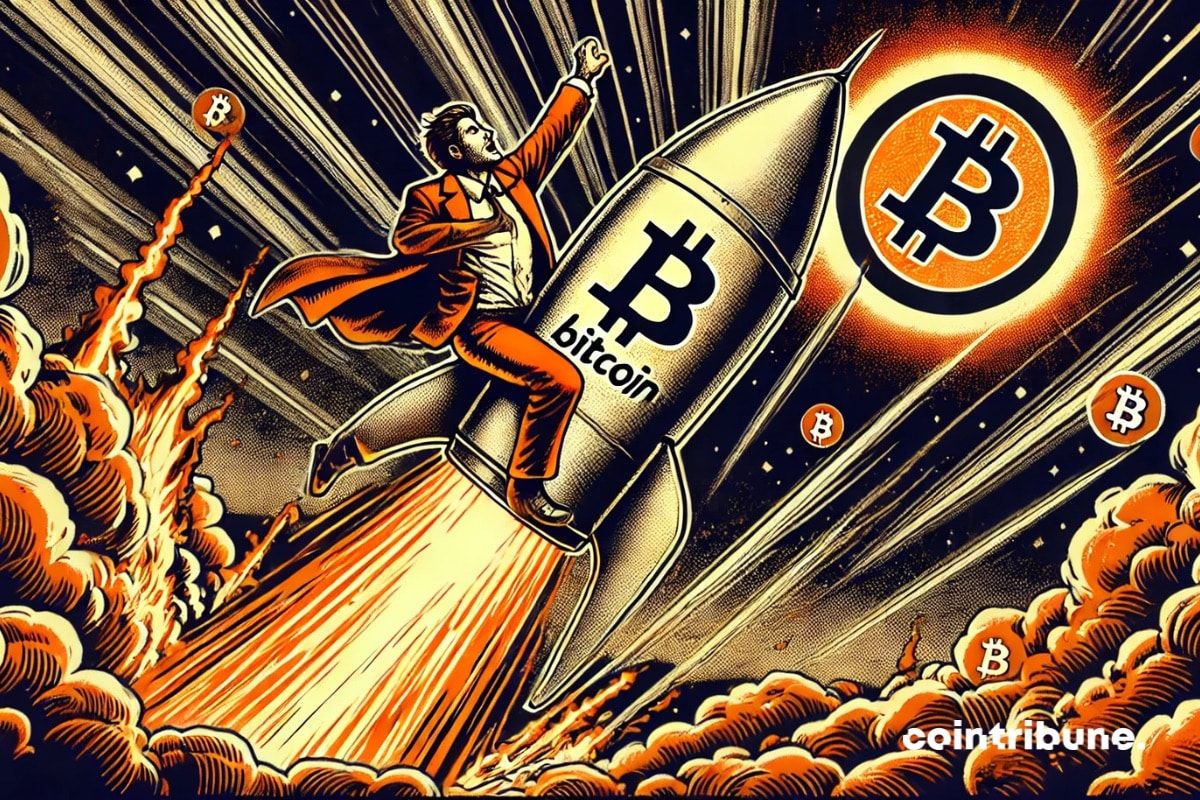 Un inversor en un cohete despegando, representando la compra masiva de BlackRock que impulsa su ETF de Bitcoin IBIT.