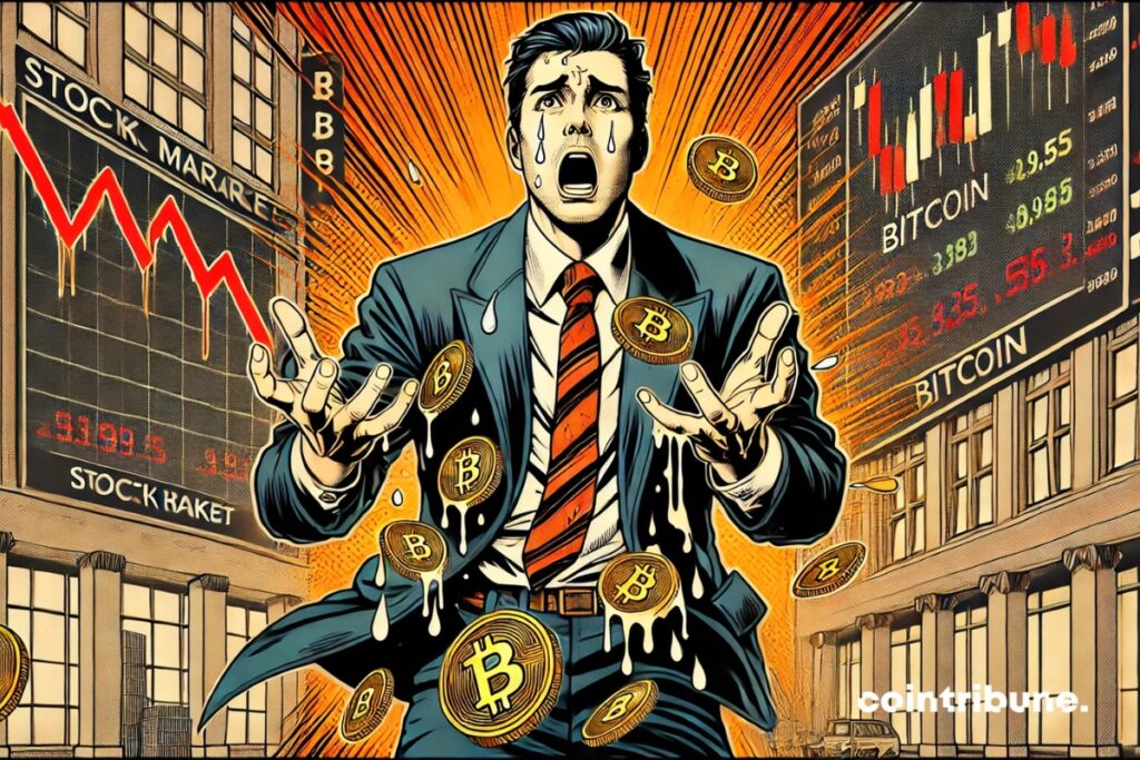 Um institucionalista observando o colapso dos mercados com um bitcoin criptografado na mão.